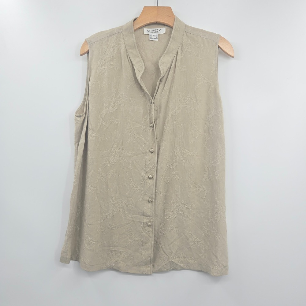 Citron Santa Monica Silk Jacquard Sleeveless Blouse Beige Floral P1336 OPB 0X
